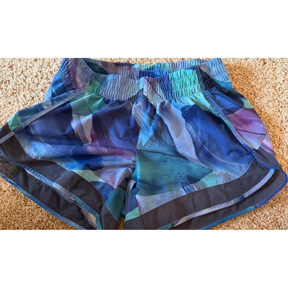 Athleta Printed Mesh Racer Run Shorts Blue Purple Watercolor XS Activewear